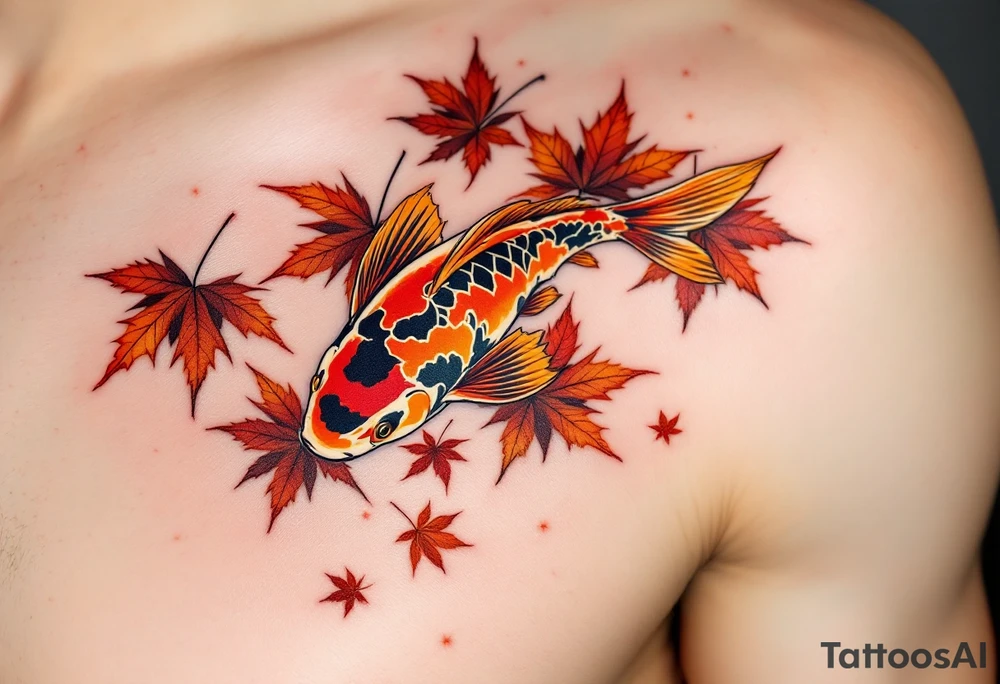 Fiery Orange Koi with Maple Leaves – A bright orange koi fish darting through falling red and brown Japanese maple leaves, embodying change and seasonal flow. tattoo idea
