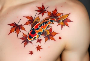 Fiery Orange Koi with Maple Leaves – A bright orange koi fish darting through falling red and brown Japanese maple leaves, embodying change and seasonal flow. tattoo idea