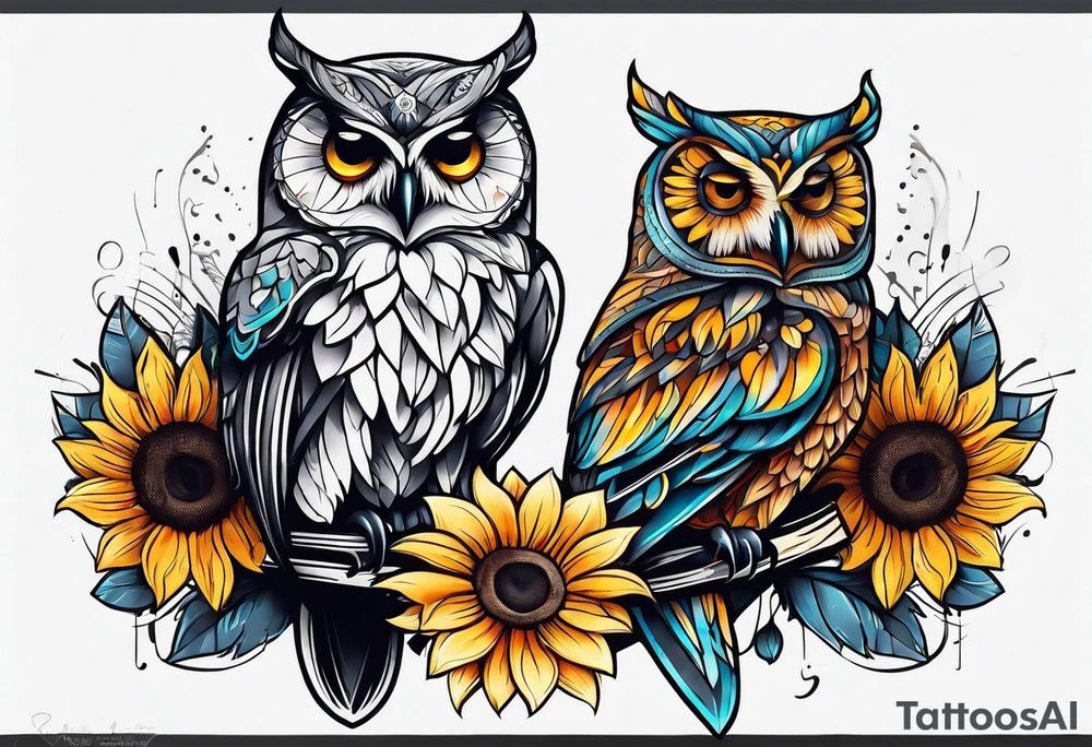 Owl and sunflower sleeve tattoo idea