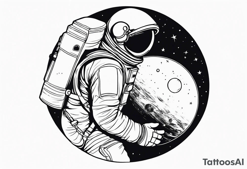 an astronaut hunched over in space from the back holding a planet in his hands tattoo idea