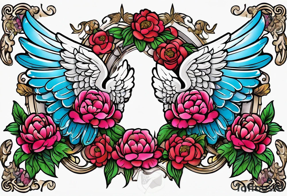 beautiful angel wings with colorful, peonies. beautiful flilligree in the background , full color, traditional old school , white background tattoo idea