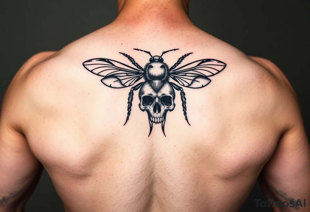 A tribal bee with a skull for lower abdomen on a man make it more detailed and gothic tattoo idea