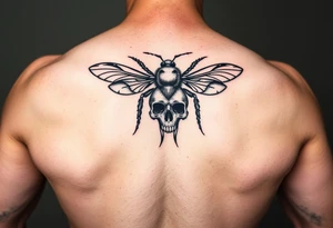 A tribal bee with a skull for lower abdomen on a man make it more detailed and gothic tattoo idea