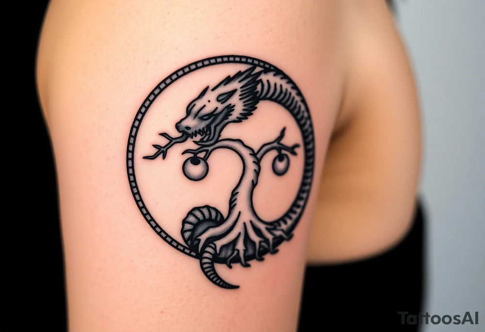 a dragon forming a circle with its body.  the dragon encircles the tree of life.   the tree of life has fruit  and the dragon is eating the fruit. the roots of the tree are strangling the tail of the dragon tattoo idea