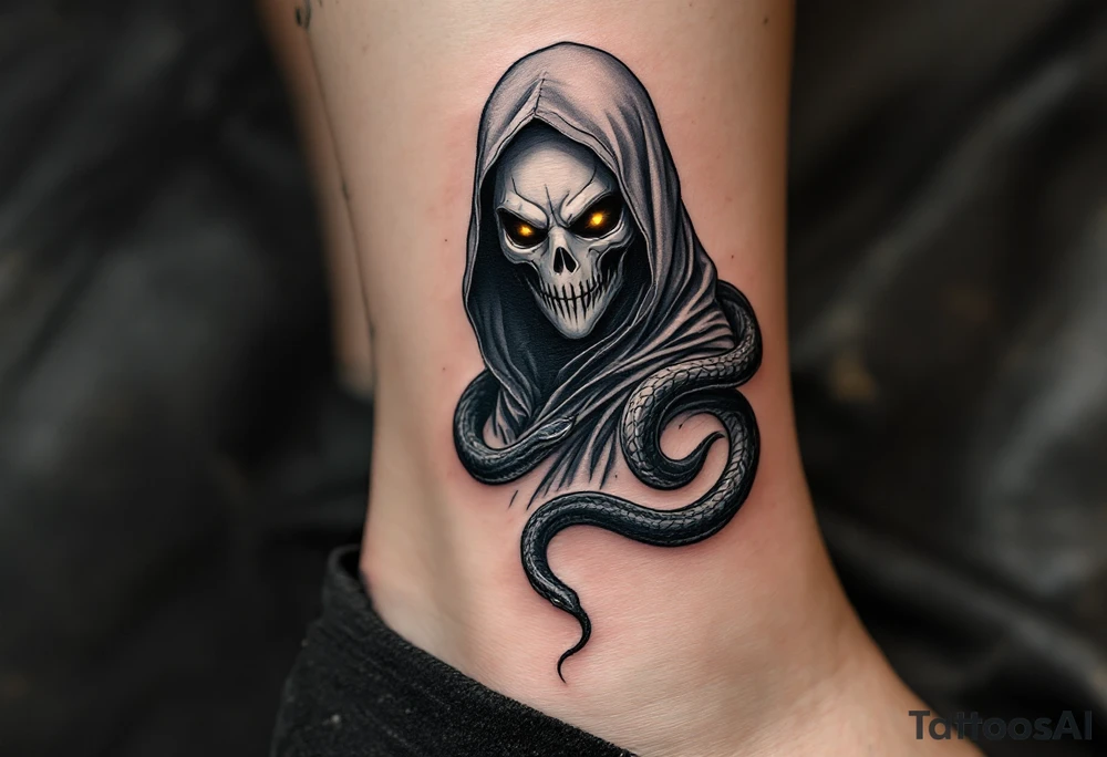Plague Doctor with a Snake – A dark-robed doctor witn a silver-gray with tipical plafue mask, with a black viper wrapped around their arm, symbolizing healing and poison. The snake's eyes glow deep amber, adding a mystical touch. tattoo idea
