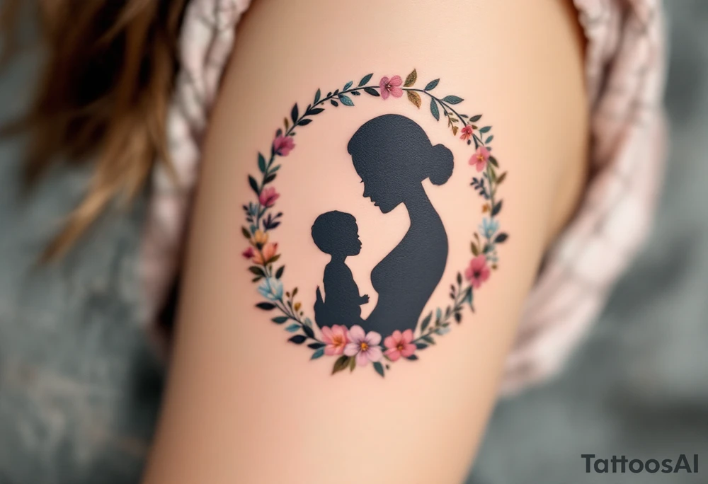 A silhouette of a mother and child in black ink encircled by a floral wreath in pastel hues represents nurturing and tenderness. tattoo idea
