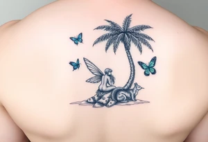 A blonde fairy sitting under a palm tree on an island with a blue butterfly, a hummingbird, and a squirrel tattoo idea