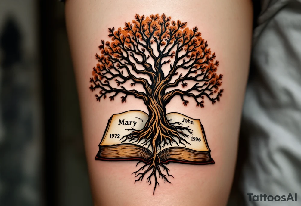 Tree growing out of an open book, roots tangled in the pages. Each page labeled with a generation: 1950 (Mary), 1972 (John), 1996 (Emily). Warm brown tones for the tree, aged parchment color for the book. tattoo idea
