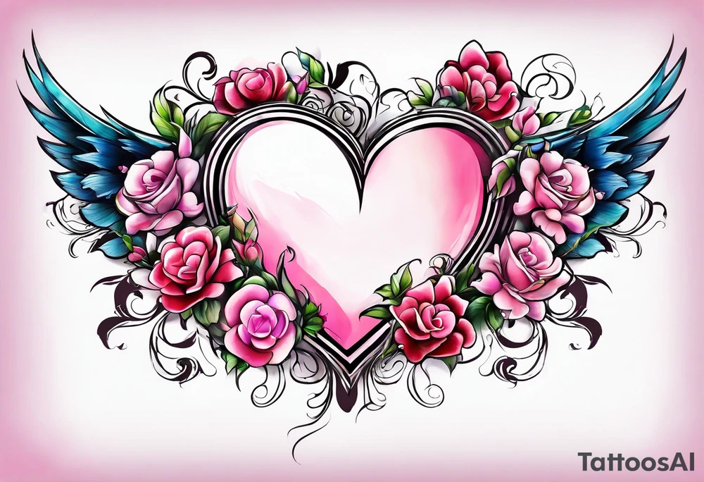 Flowers around a heart with angel wings with pink colors arm sleeve tattoo idea