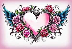 Flowers around a heart with angel wings with pink colors arm sleeve tattoo idea