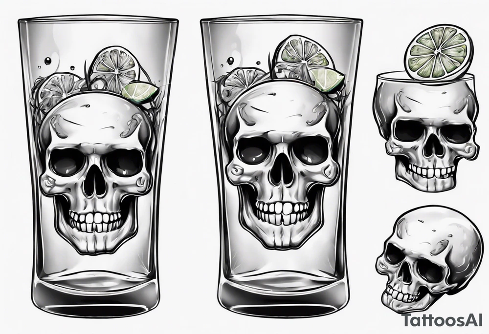 A smiling looking to the left scull inside the glass with alcohol and piece of lime tattoo idea
