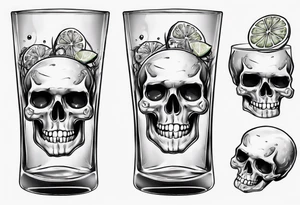 A smiling looking to the left scull inside the glass with alcohol and piece of lime tattoo idea