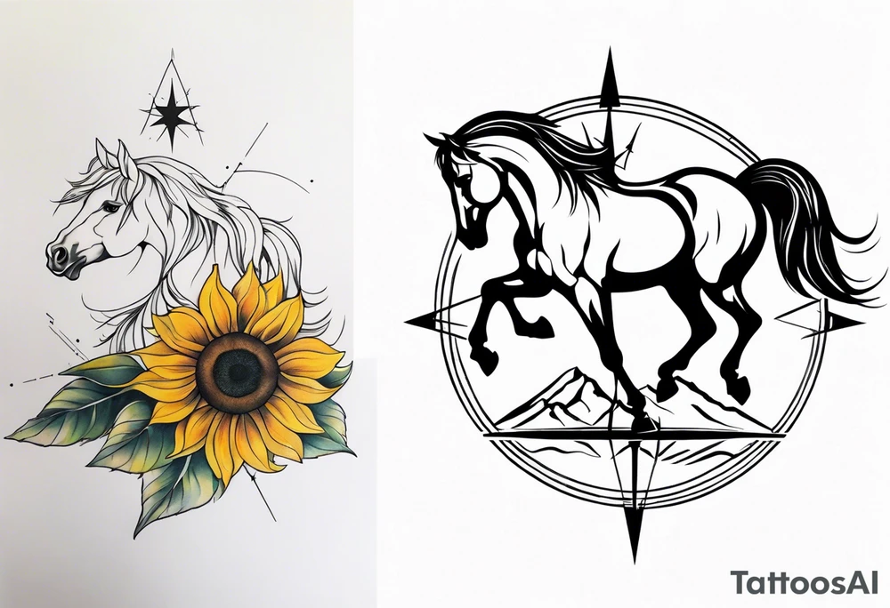 Horse, compass, sunflower tattoo idea