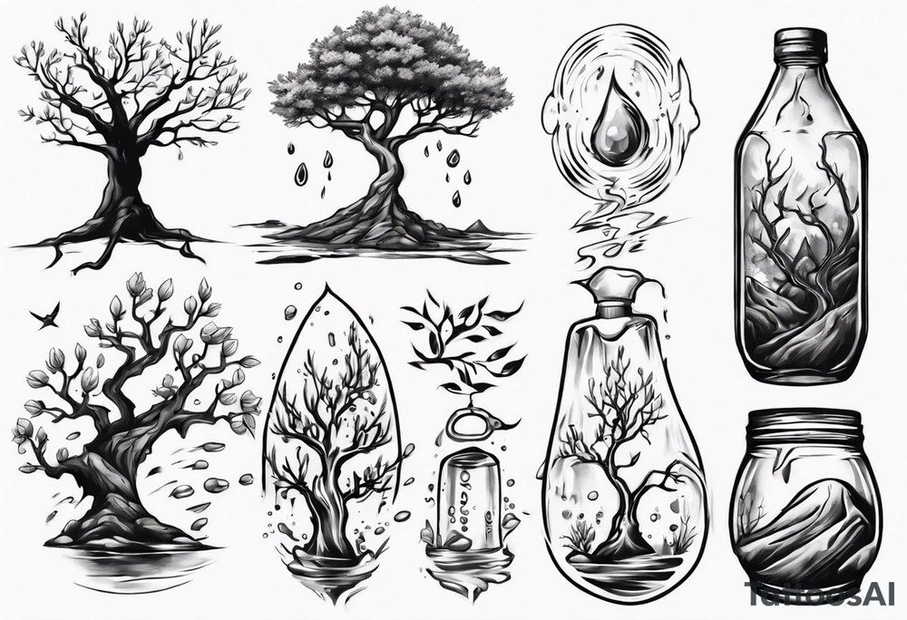 Small spring water and oka tree tattoo idea
