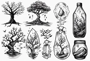Small spring water and oka tree tattoo idea