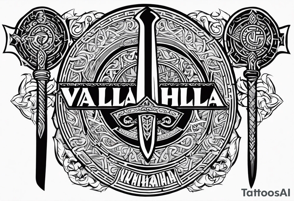 Valhalla viking gods shield hatchet sword tattoo idea