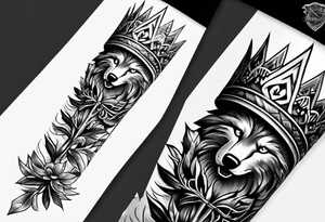Create a vision of arm tattoo sleeve with combination of sword, crown, tree and three wolves to represent clients family roots tattoo idea
