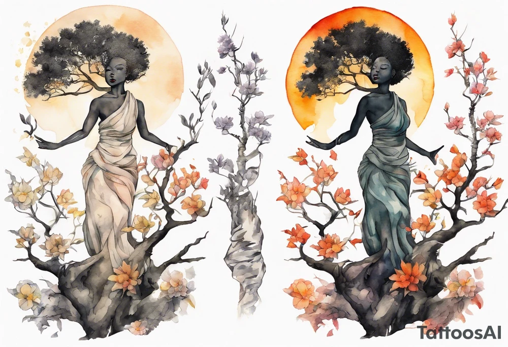 a tree that turns into a black woman reaching for the sun tattoo idea