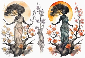 a tree that turns into a black woman reaching for the sun tattoo idea