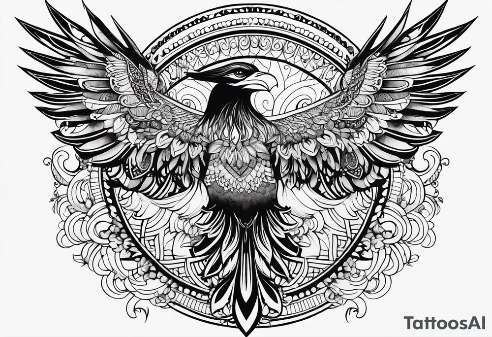 Tribal bohemian feminine impowering Phoenix rising with smoke, mandala sun, floral, lace background tattoo idea