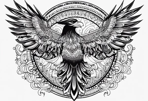 Tribal bohemian feminine impowering Phoenix rising with smoke, mandala sun, floral, lace background tattoo idea