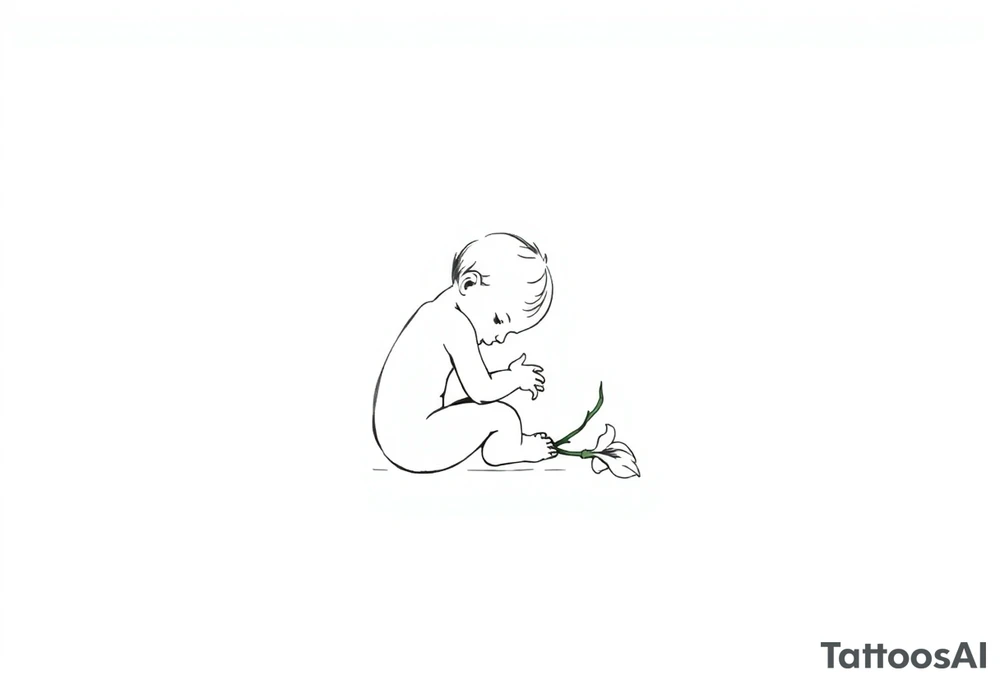 A simple tile floor with a minimalist outline of a curled up child sitting on the floor with a lily next to her tattoo idea