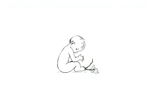 A simple tile floor with a minimalist outline of a curled up child sitting on the floor with a lily next to her tattoo idea