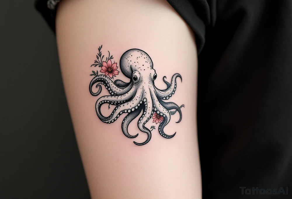 A small realistic black and grey tattoo of an octopus, cute, with detailed shading and soft linework, showing the octopus with swirling tentacles, on light skin. ornamental flowers around with red ink. The style is minimalistic and elegant, resembling fine-line tattoo with a shadow tattoo idea