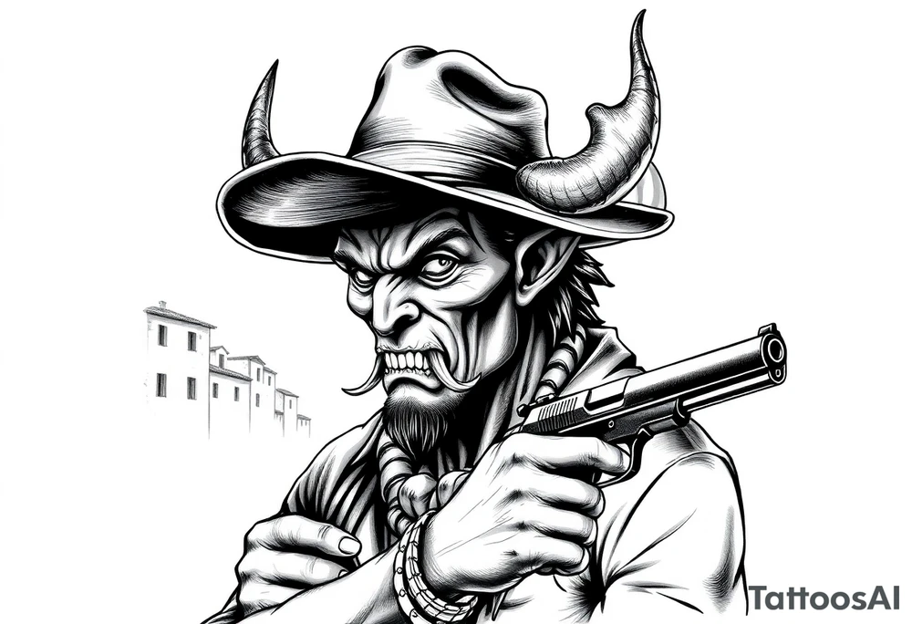 a demon with cowboy-hat ,a gun in a hand, old buildings in the background. tattoo idea