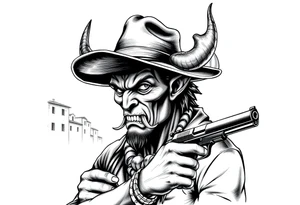 a demon with cowboy-hat ,a gun in a hand, old buildings in the background. tattoo idea