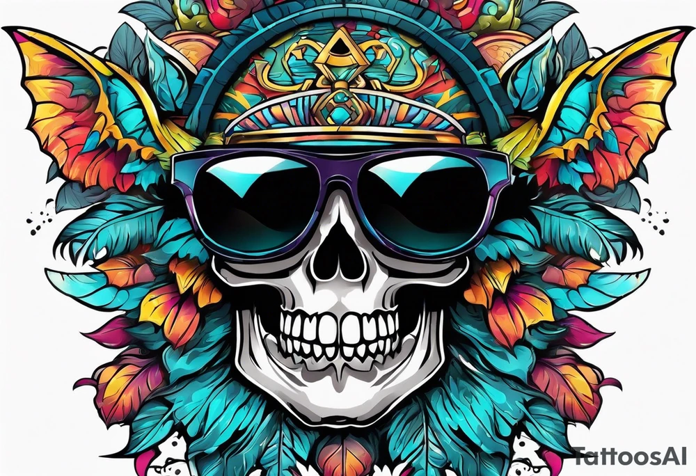 Colorful Mayan skull wearing sunglasses with bats water and cave tattoo idea