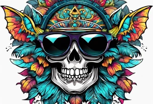 Colorful Mayan skull wearing sunglasses with bats water and cave tattoo idea