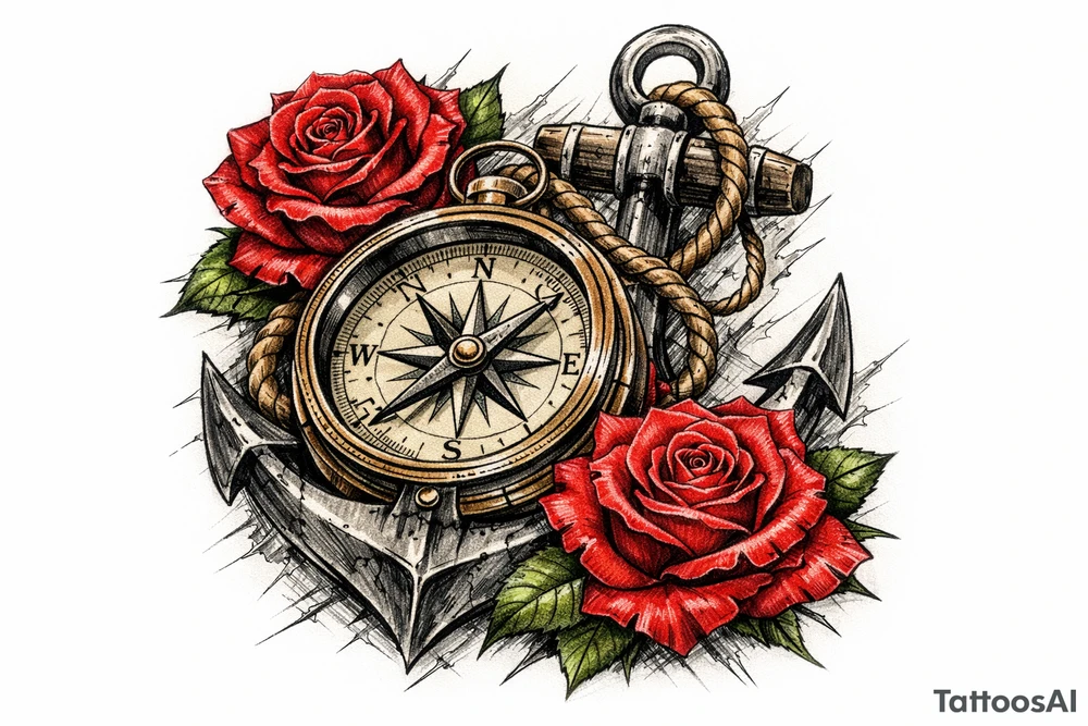 a compass,anchor,roses. tattoo idea