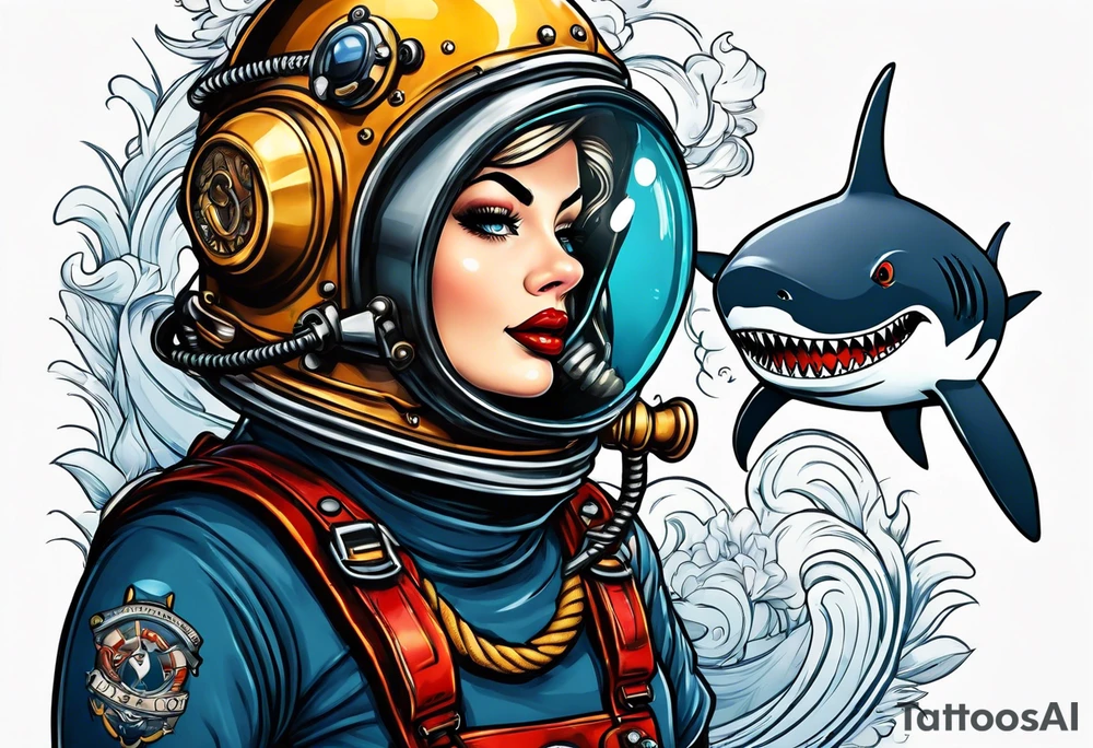 Navy Diving helmet with a shark and pin up girl tattoo idea