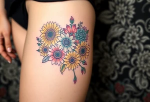 Bouquet of sunflowers, water Lillies, dahlias, marigolds, carnations, hydrangeas, daisys, and chrysanthemums tattoo idea