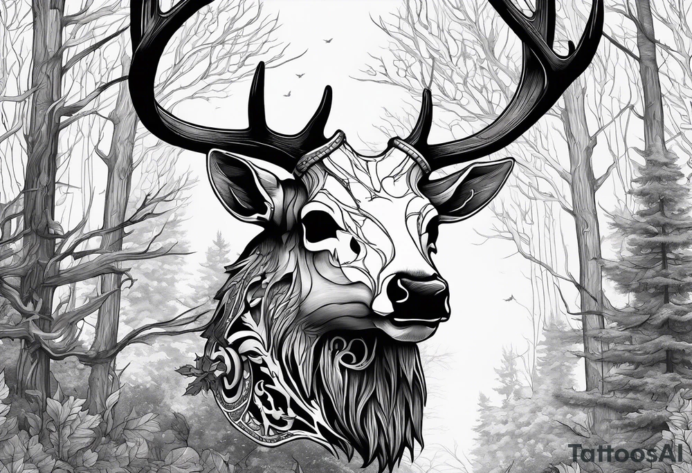 A side view of a decayed deer skull with no skin surrounded by trees and fire tattoo idea
