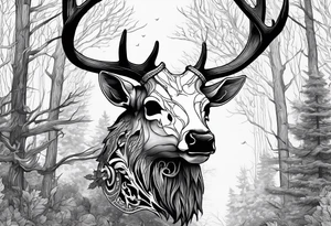 A side view of a decayed deer skull with no skin surrounded by trees and fire tattoo idea