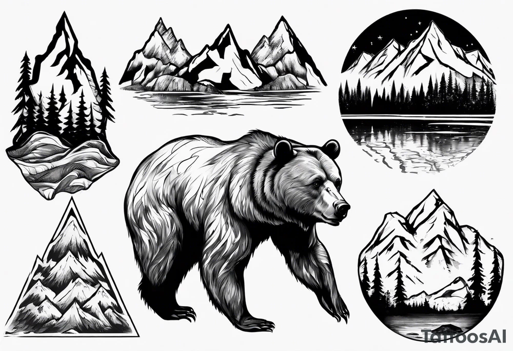 Bear with mountains, forest, rivers etc inside of it tattoo idea