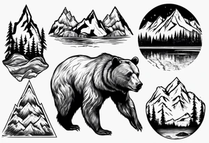 Bear with mountains, forest, rivers etc inside of it tattoo idea