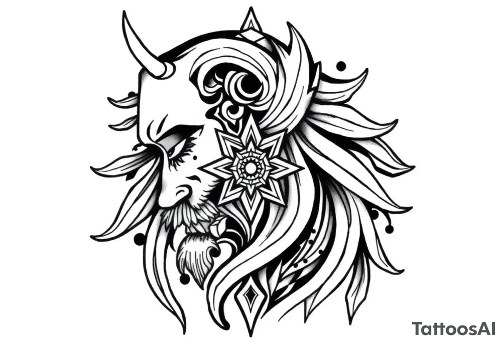 long shaman style mytical bold line with rhyme tattoo idea
