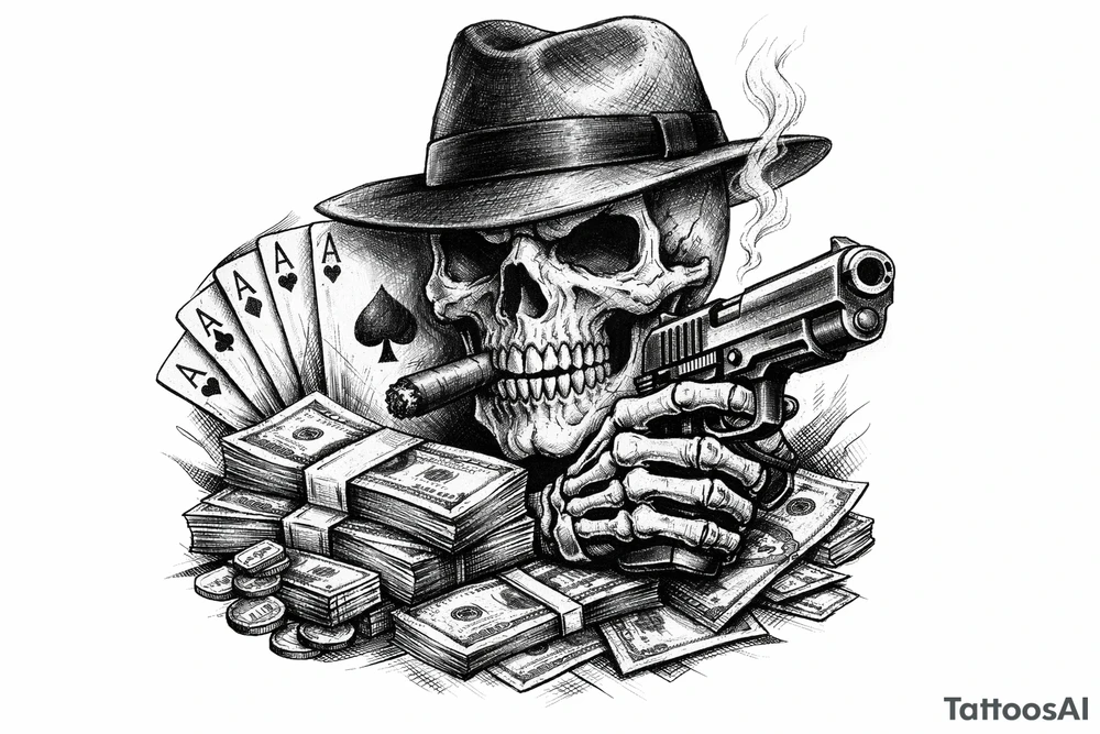 skull with gangster-hat,cigar in his mouth,gun in a skeleton-hand,playing cards,a lot of money. tattoo idea