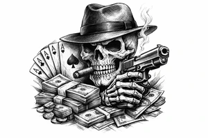 skull with gangster-hat,cigar in his mouth,gun in a skeleton-hand,playing cards,a lot of money. tattoo idea