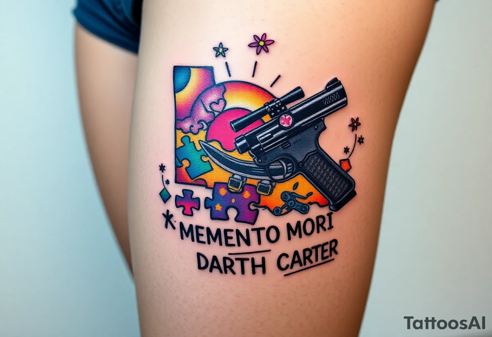 colorful futuristic memory tattoo for passed boyfriend; sunshine state, Harley Davidson, skateboarding, puzzle pieces, video games, heaven, god, outdoors, beretta 9mm gun, disc golf, words "MEMENTO MORI" & DARTH CARTER tattoo idea