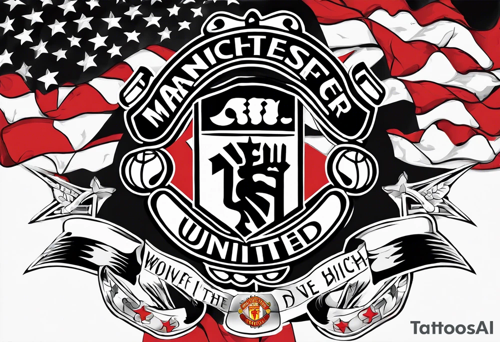 manchester united, flag, and a quote: we'll keep the red flag flying high, 'cause man united will never die tattoo idea