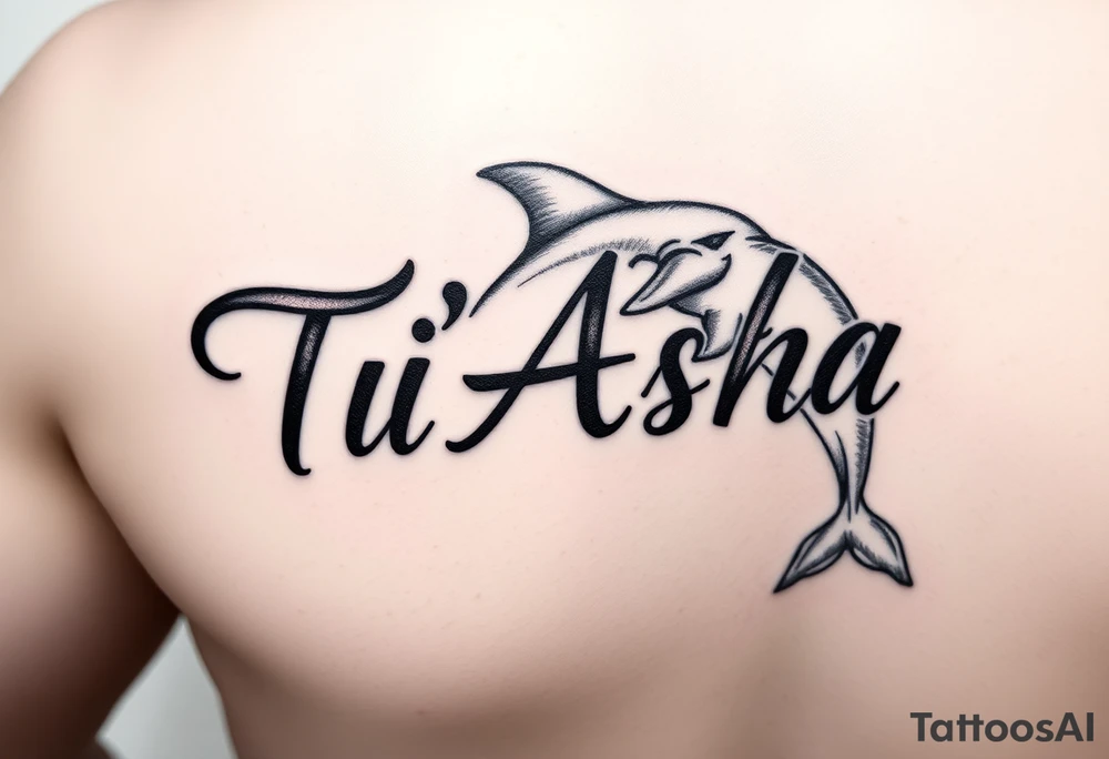 The name Ti'Asha with a dolphin for my mom favorite animal with the tattoo being somewhere on the arm or bicep tattoo idea