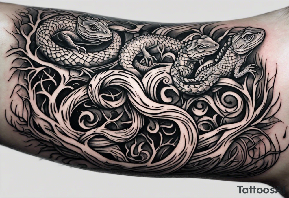 Tattoo around the forearm in the form of intertwined tree roots and two lizards hiding in the roots tattoo idea