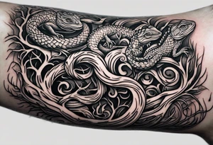 Tattoo around the forearm in the form of intertwined tree roots and two lizards hiding in the roots tattoo idea