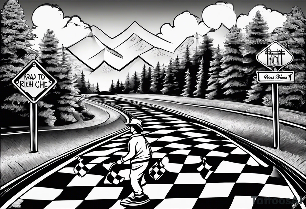 a road sign that say road to riches with a person walkin on a chessboard tattoo idea