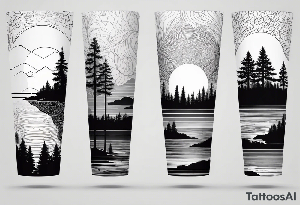 The tattoo will be a stylized horizontal panorama of nature. At the base, a thin and elegant line will symbolize the horizon. Above it, various silhouetted trees with delicate details, representing different species, including oaks and pines, will be distributed along the horizon. I would like the trees to be interspersed with open spaces, creating a play of light and shadow. On the horizontal line, just after the sequence of trees that start from left to right, I would like to include a cabin with a small mountain behind it. Below the cabin and trees, a tranquil lake reflects the entire scene above symmetrically, with gentle ripples on the water's surface. Above the trees, I want to inscribe the Latin phrase 'Natura non facit saltus', following the natural contour of the treetops in a classic and elegant font, inviting reflection. tattoo idea