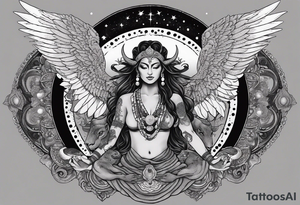 black kali, goddess pirate, alien, angel, pachamama, valkrye, warrior, flying, skull, lotus azul, wing, eagle, zenza resonance, stars, 5D, anahata chakra, death, durga, riding on a tiger, flying lady, kundalini, chest tatoo, samuri, rebel, serpent tattoo idea